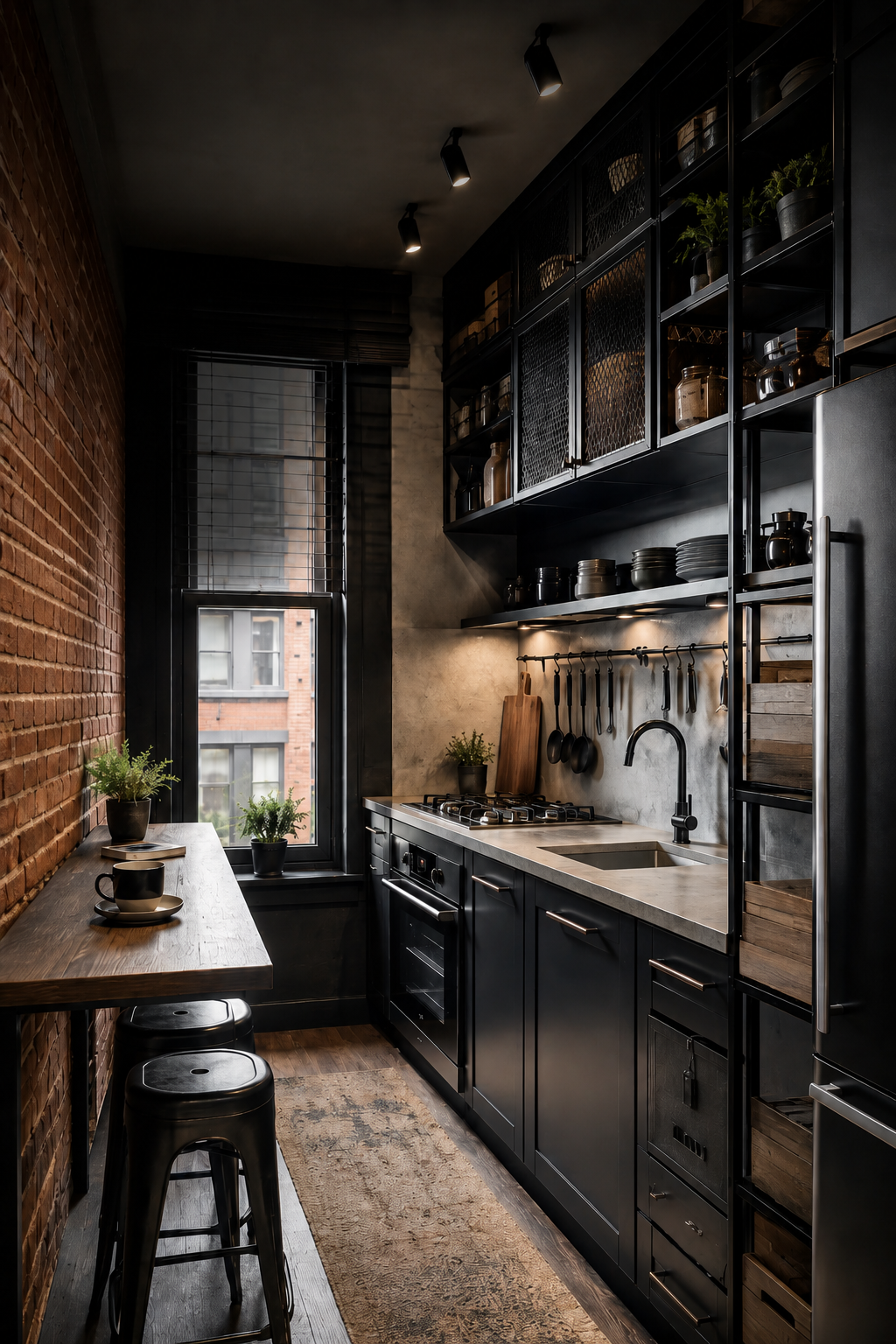 Small Kitchen Ideas for a Moody Industrial Apartment Kitchen